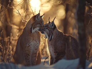 Aufkleber - Two bobcats touching noses in snowy woods, sunset bokeh.