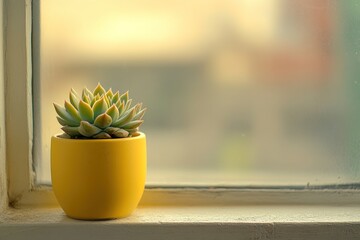 Aufkleber - Succulent plant in yellow pot on windowsill.