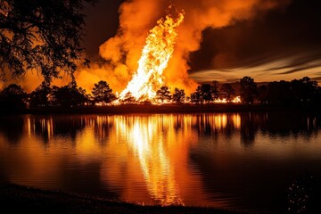 Poster - Large fire burns with flames and smoke reflected in water.