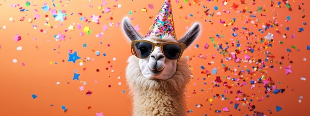 Poster - Llama with party hat, sunglasses and confetti on orange background.