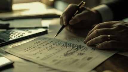Poster - Man signs contract with pen on paper documents.