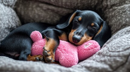 Wall Mural - Dachshund puppy sleeping with pink toy in soft bed.