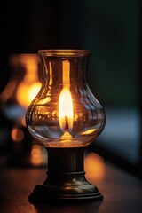 Poster - Flame in glass lamp on dark surface, soft focus background.