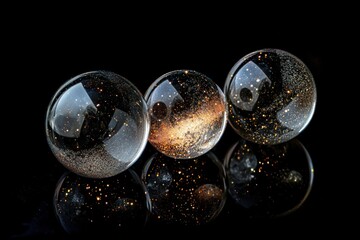 Poster - Three glass spheres with gold sparkles on black reflective surface.