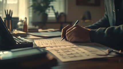 Poster - Person calculating financial documents with pen.