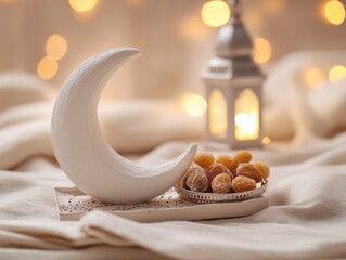 Aufkleber - Crescent moon with dates and lantern against bokeh lights.