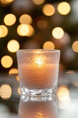 Fototapete - Lit candle in frosted glass, blurred light bokeh background.