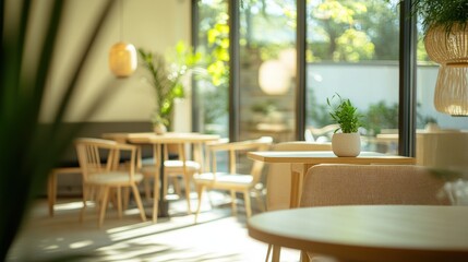 Poster - Cozy cafe interior with tables, chairs, and potted plants.