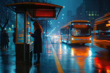 Woman waits at rainy bus stop. Checks phone. Urban scene at night. Bus stop shelter with glass walls. City lights reflect on wet pavement. Rainy weather. Transportation. Public transit. Urban life.