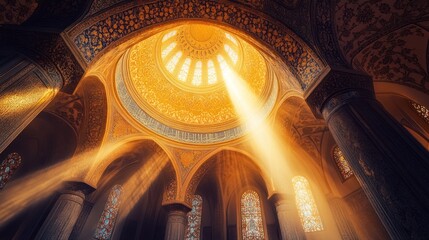 Poster - Sun rays stream down inside ornate domed building with decorated walls and columns.
