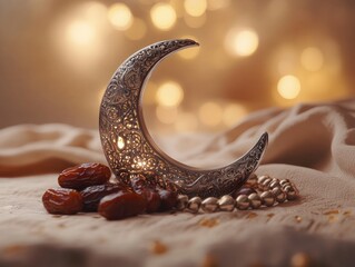 Aufkleber - Ornate moon, dates, and beads on fabric against a bokeh background.