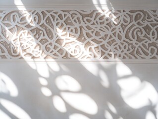 Poster - Light casts shadow on ornate white carved pattern wall.