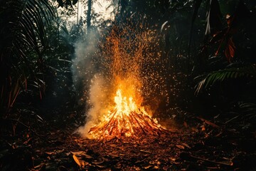 Poster - Bonfire burning in dark forest with sparks.