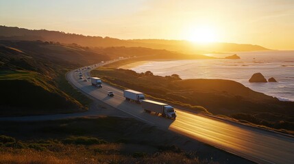 Aufkleber - Trucks travel on a coastal road at sunset.
