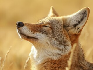 Aufkleber - Coyote basks in golden light, eyes closed.