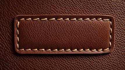 close up view of brown leather patch with beige stitching. high quality genuine leather texture deta