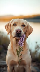 Wall Mural - Golden Labrador dog holding purple flower in its mouth at dusk.