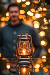 Poster - Blurry man behind lit lantern on table.