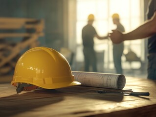 Poster - Construction workers shake hands, yellow hardhat, plan on table.