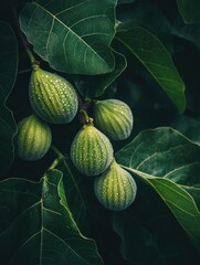 Wall Mural - Figs on branch with green leaves covered with dew drops.