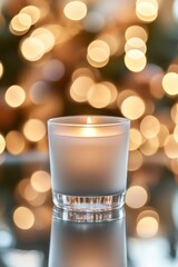 Poster - Lit candle in glass holder with bokeh lights background.