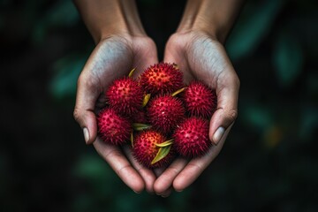 Wall Mural - Two hands holding several red spiky fruits.