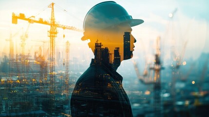 Poster - Double exposure of worker with construction cranes and city.