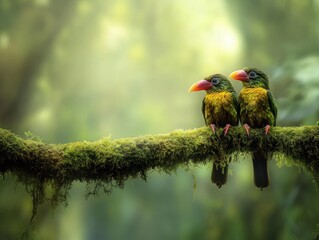 Poster - Two birds on mossy branch in forest.