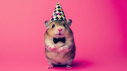 Sticker - Hamster with party hat and bow tie on pink.