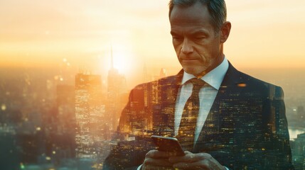 Aufkleber - Man uses smartphone with city lights overlay at sunset.