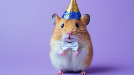 Sticker - Hamster with party hat and bow tie on purple background.