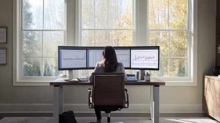 Poster - Woman works at three monitors in home office with large window view.