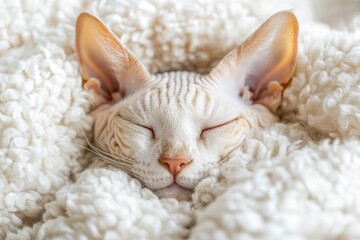 Wall Mural - Sphynx cat sleeping nestled in white fluffy blanket.