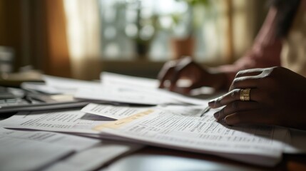 Poster - Person's hands reviewing paperwork on a desk in a brightly lit room.