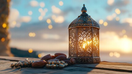 Aufkleber - Intricate lamp, dates, beads on wood during sunset.