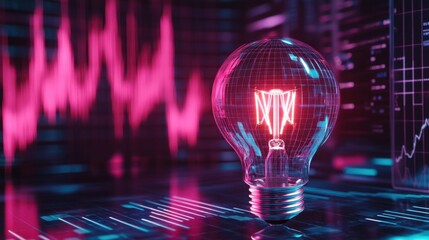 Wall Mural - neon light bulb with abstract graphs and digital background