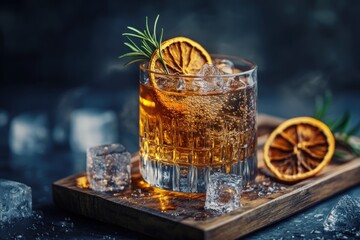 Poster - Glass of whiskey with ice, dried orange, and rosemary.