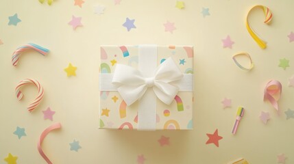 Poster - Gift box with ribbon, candies and stars on pale background.