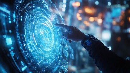 Aufkleber - Hand touches holographic display.