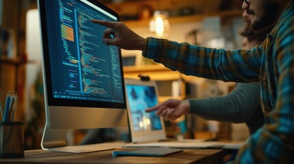 Aufkleber - Two men point at code on a large computer screen.