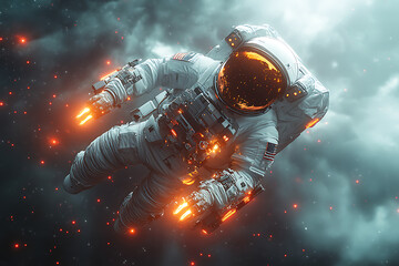 Wall Mural - An astronaut floats in space surrounded by glowing particles and clouds.