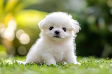 Wall Mural - Small white puppy sitting on green grass.