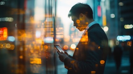 Poster - Man using tablet against blurred city lights.
