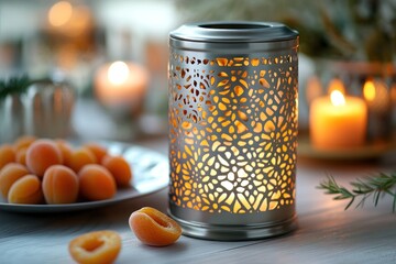 Poster - Lit lantern, apricots, and candles on table.