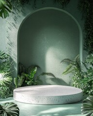 Poster - Minimalist pedestal with plants and a green arch background.