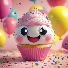 Wall Mural - Cute cupcake with pink frosting, sprinkles, and smiley face.