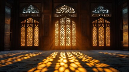 Poster - Light streams through ornate arched windows onto floor.