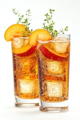 Poster - Two iced drinks with peach and thyme.