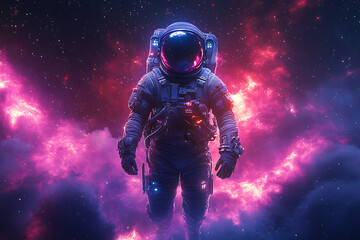 Wall Mural - An astronaut floats in a vibrant cosmic scene filled with colorful nebulae and stars.