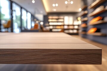 Poster - Wooden tabletop foreground, blurred interior with shelves and lights background.